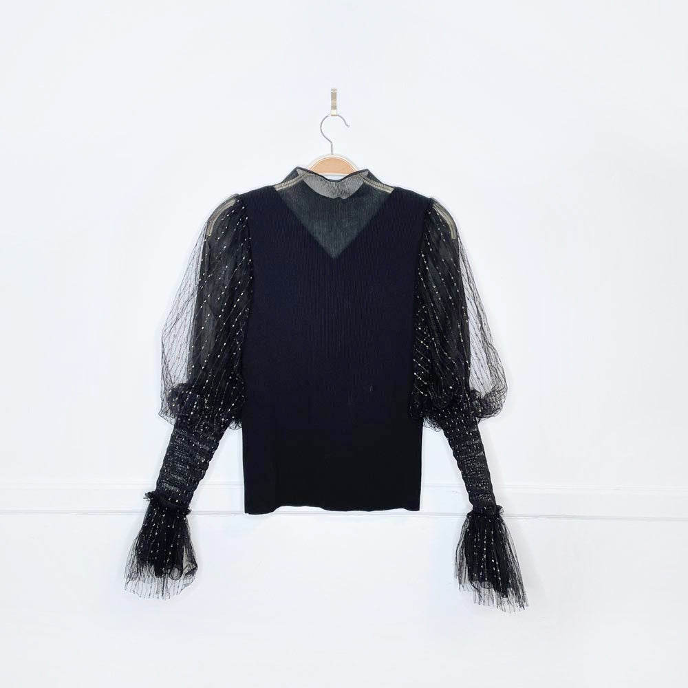 holiday mulberry silk + metallic puff sleeve knit top