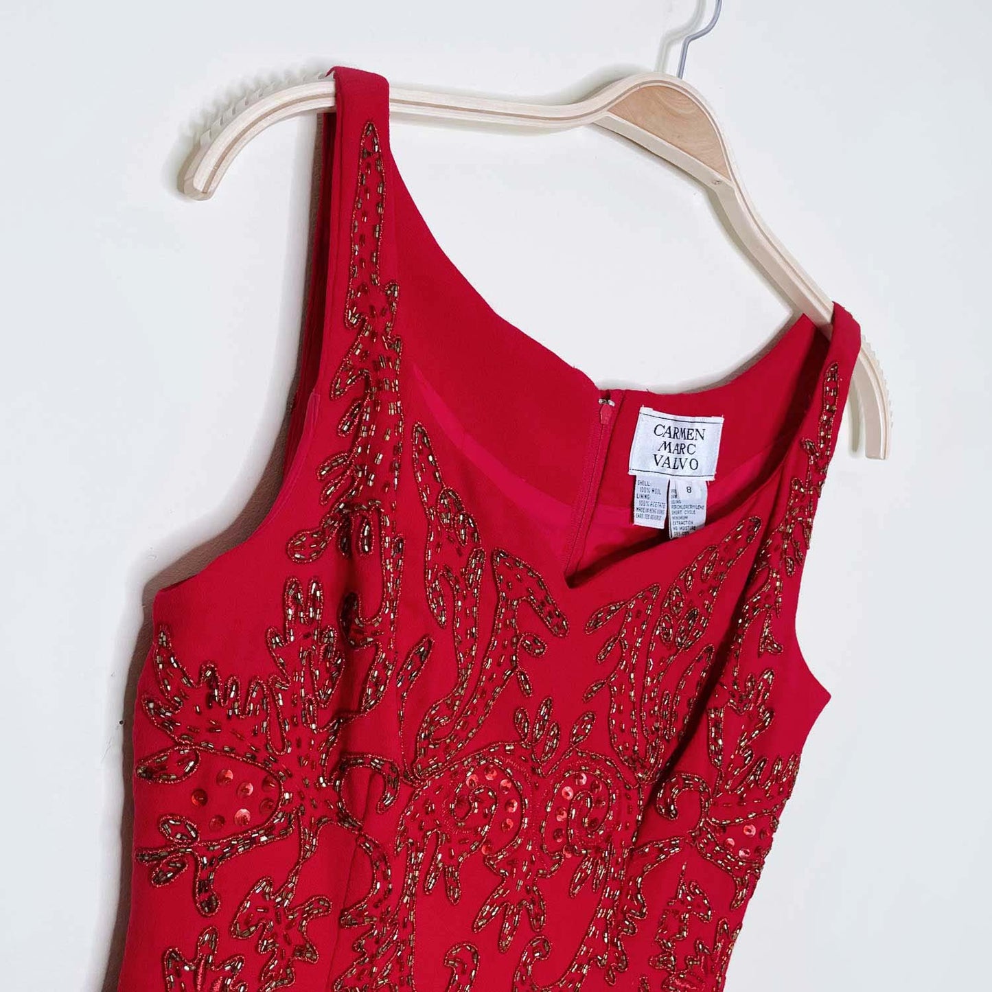 vintage 90s carmen marc valvo red beaded holiday dress - size 8