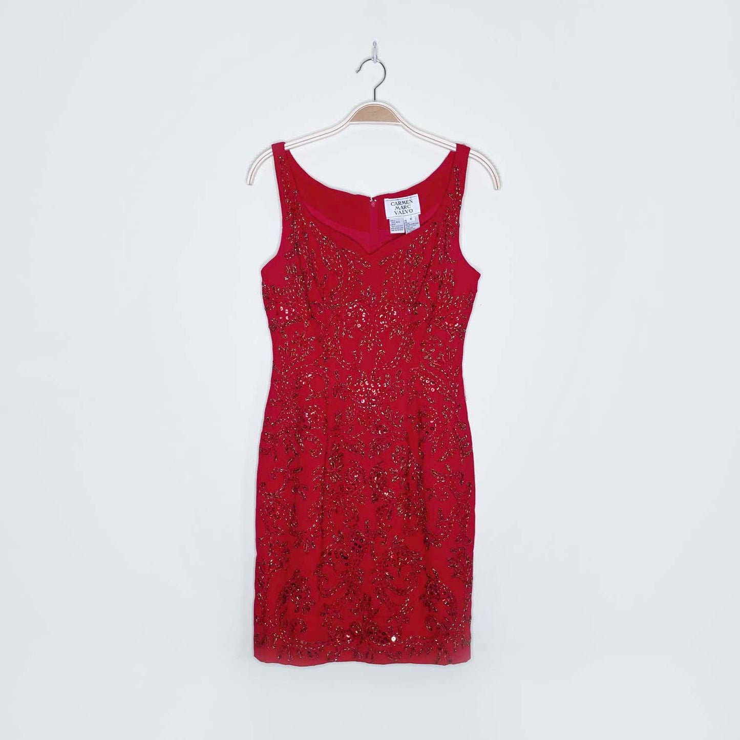 vintage 90s carmen marc valvo red beaded holiday dress - size 8