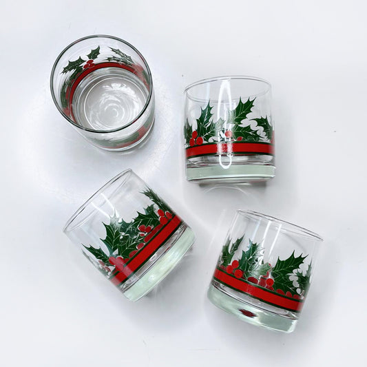 x4 vintage holiday holly berry rock glasses