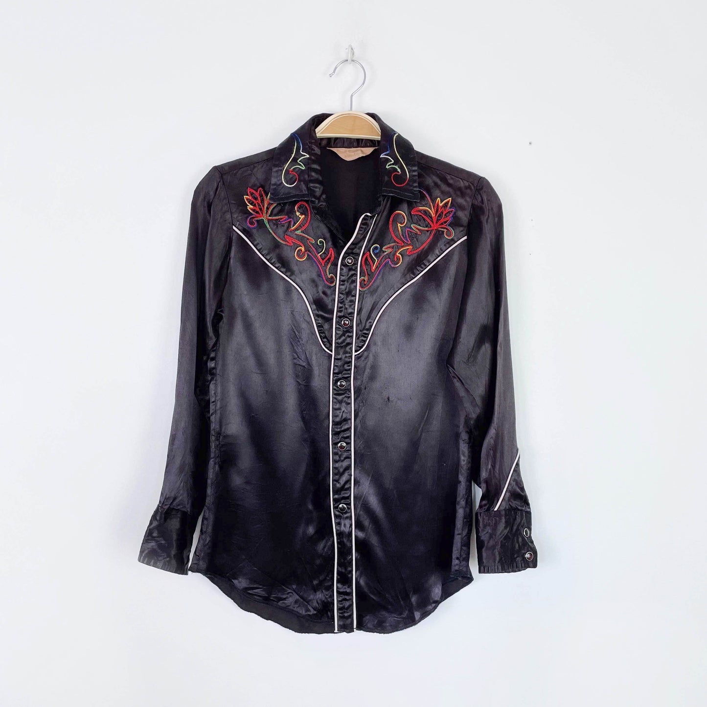 vintage 70s mwg embroidered satin western shirt