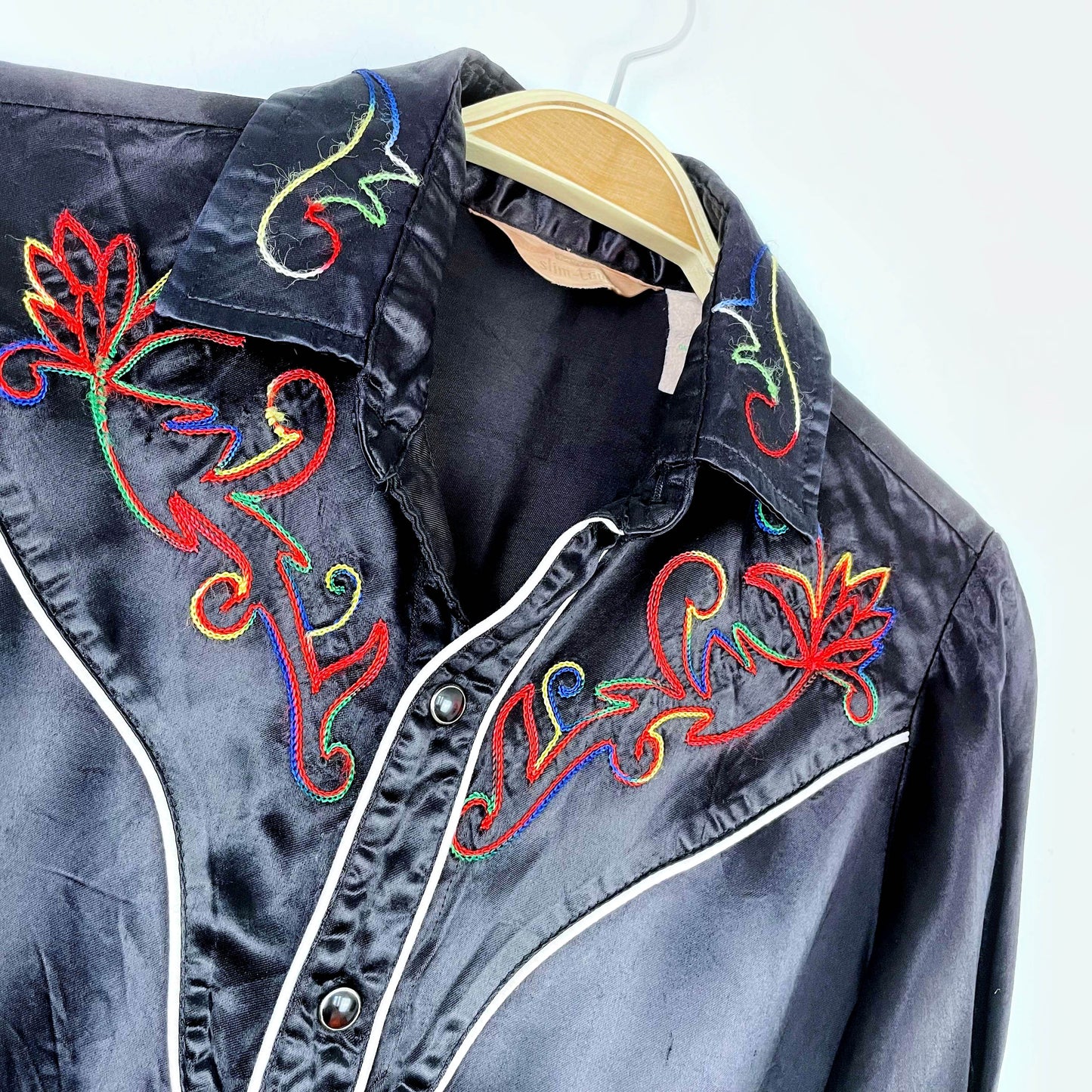 vintage 70s mwg embroidered satin western shirt