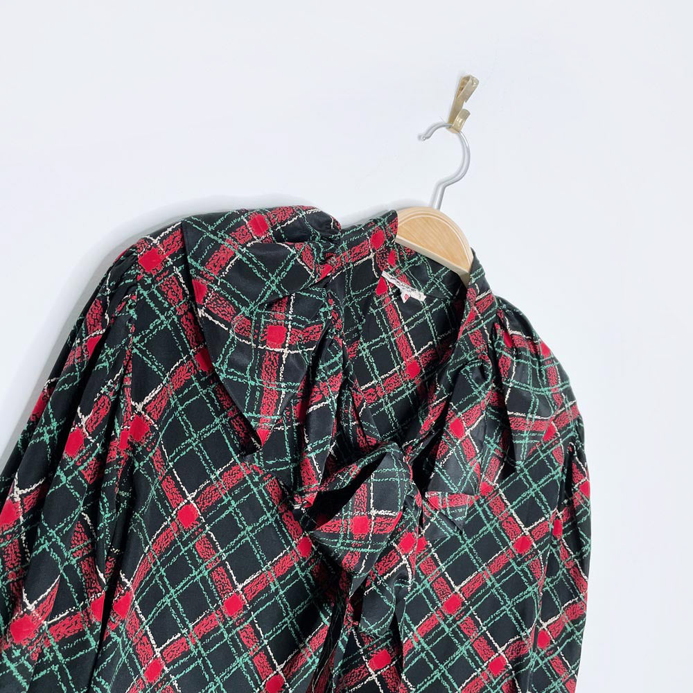 vintage ysl rive gauche ruffle tie neck plaid silk blouse