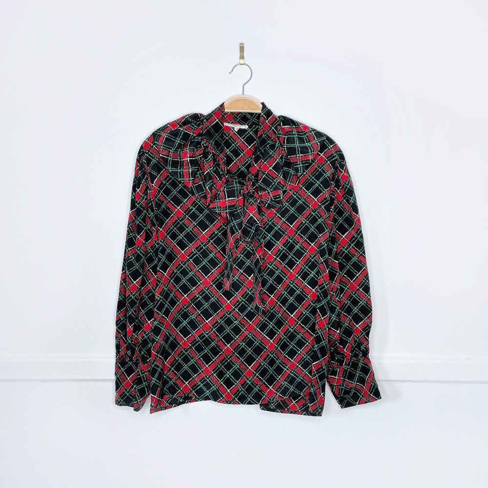 vintage ysl rive gauche ruffle tie neck plaid silk blouse