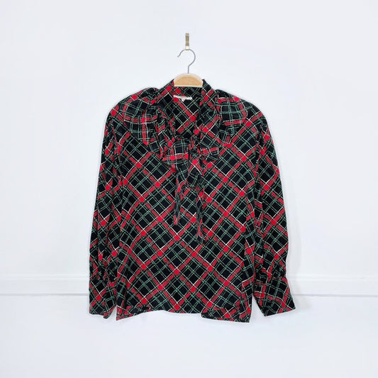 vintage ysl rive gauche ruffle tie neck plaid silk blouse