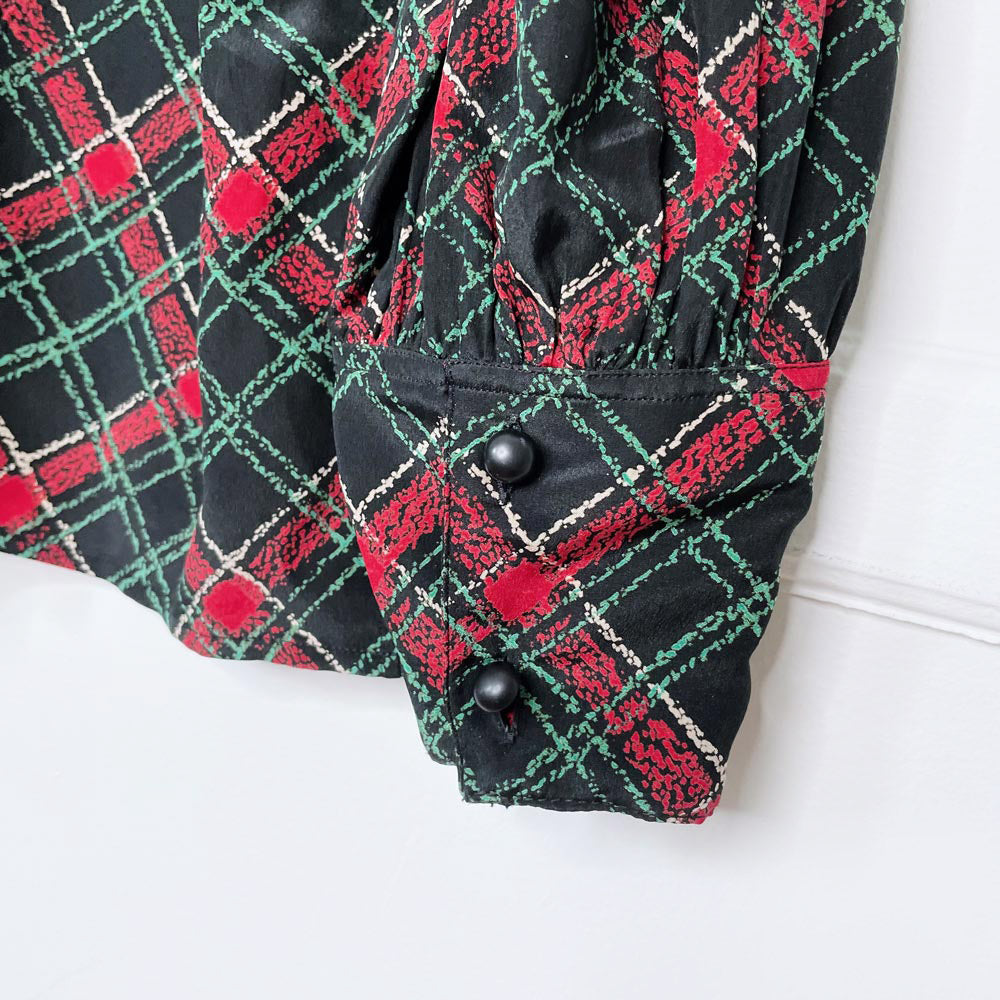 vintage ysl rive gauche ruffle tie neck plaid silk blouse