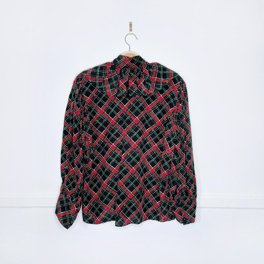 vintage ysl rive gauche ruffle tie neck plaid silk blouse