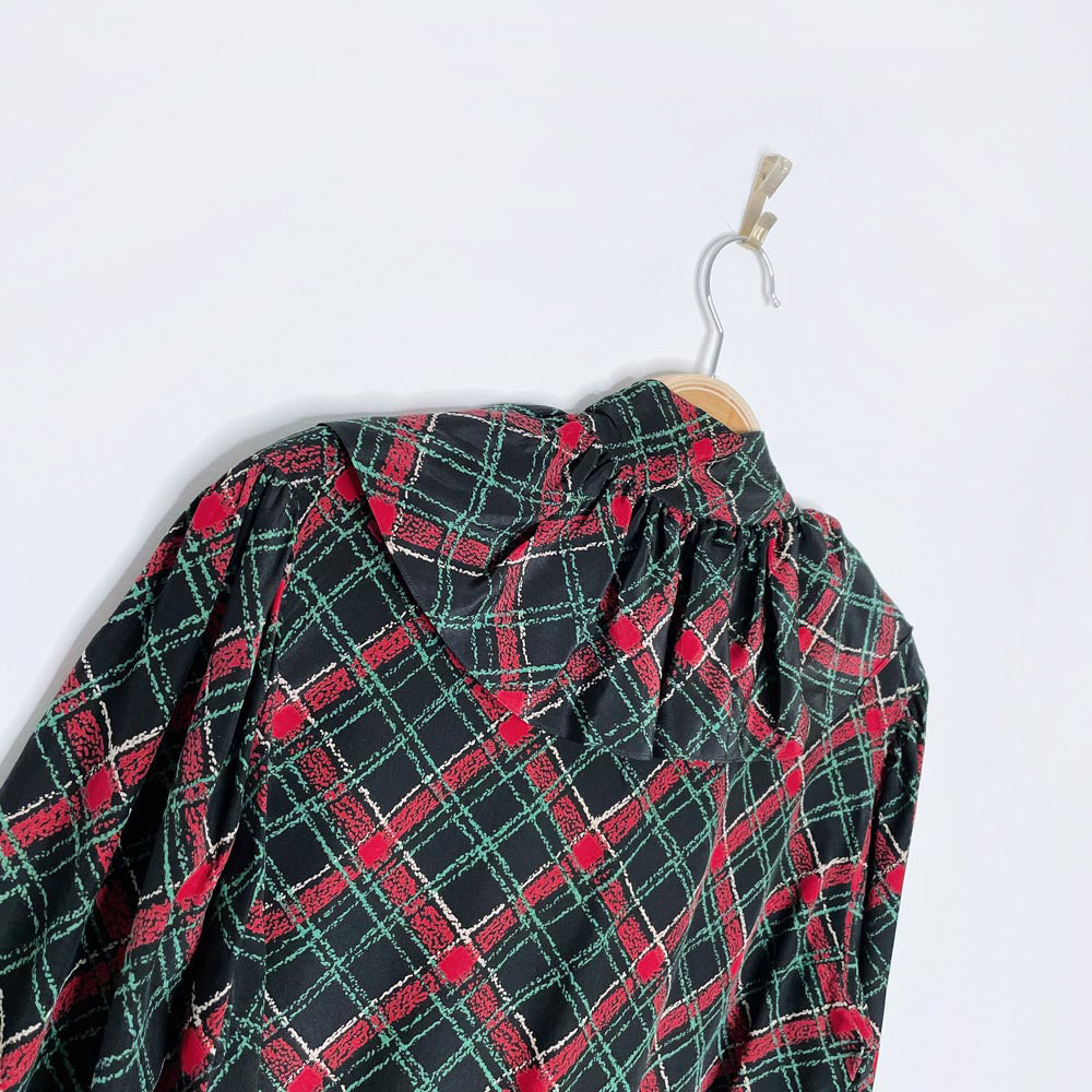 vintage ysl rive gauche ruffle tie neck plaid silk blouse