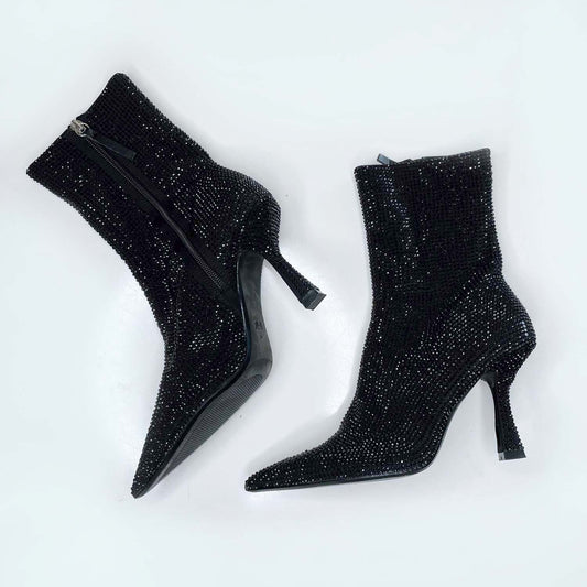 zara black rhinstone heeled ankle boot - size 38