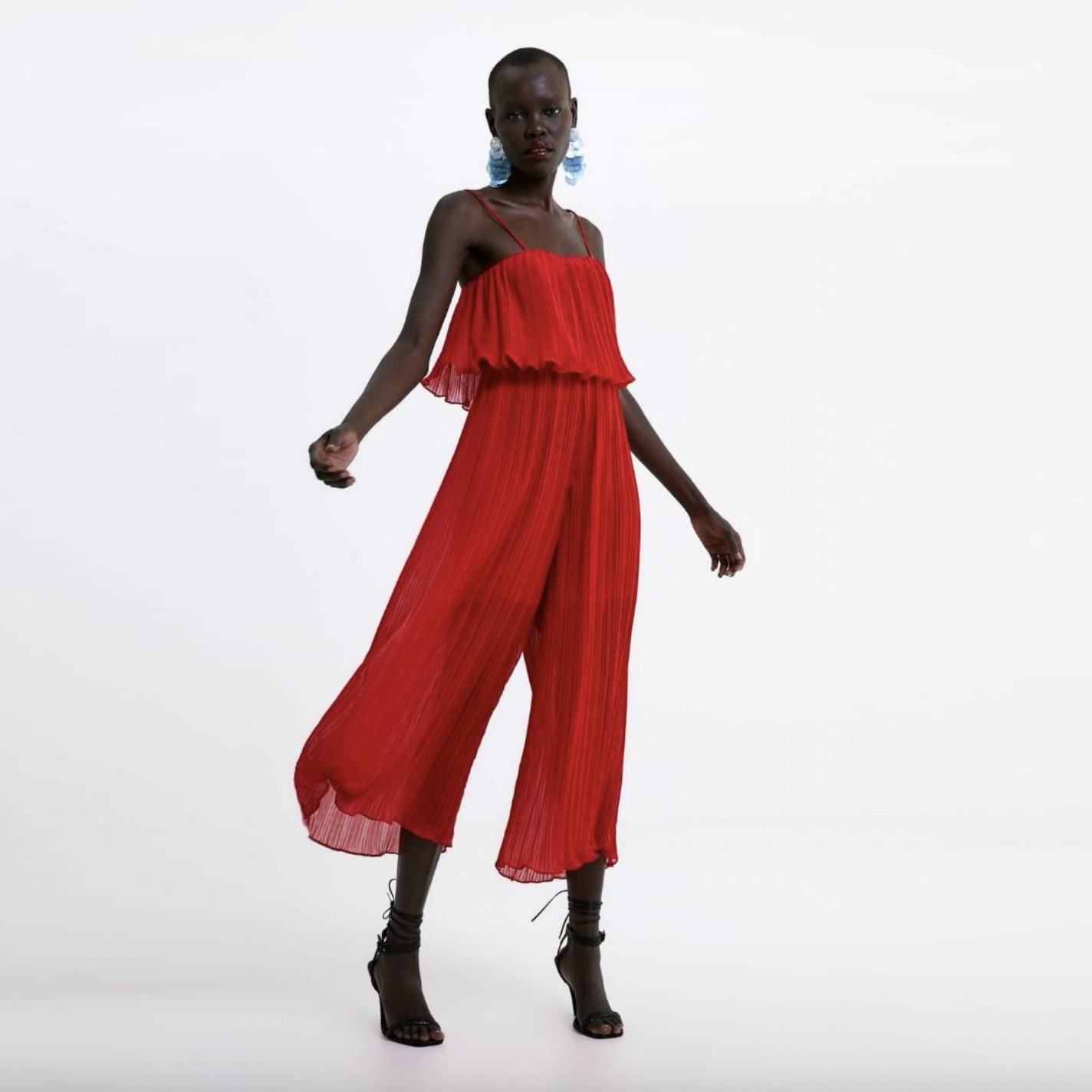 zara holiday red pleated wide leg jumpsuit - size small