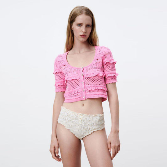 nwt zara crochet pointelle ruffle crop cardi