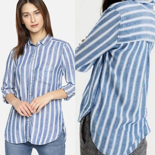 nwt american eagle striped chambray boyfriend fit button down - size xs