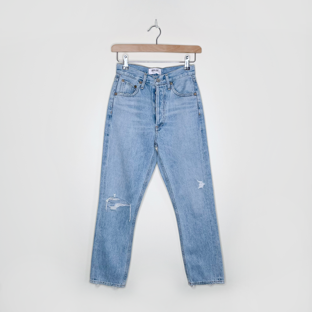 agolde riley crop high rise straight shatter button fly jeans - size 23