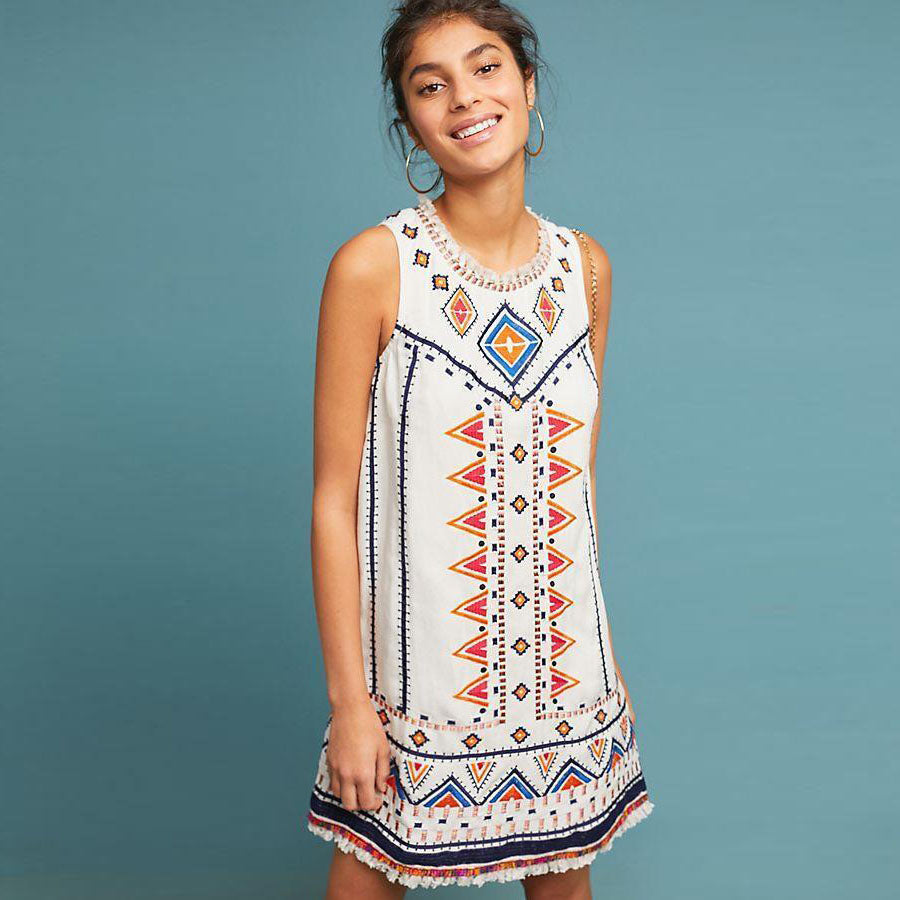 akemi + kin reagan embroidered boho shift linen-blend dress - size 0