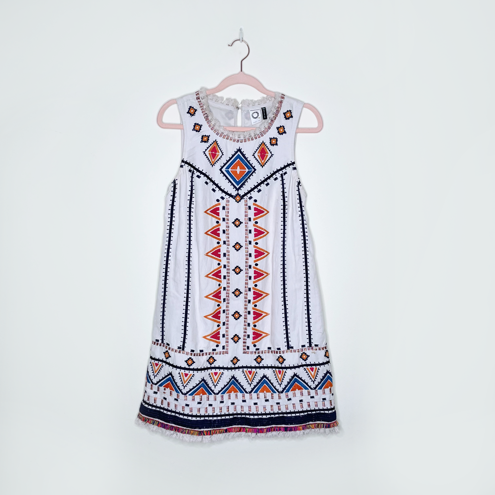 akemi + kin reagan embroidered boho shift linen-blend dress - size 0