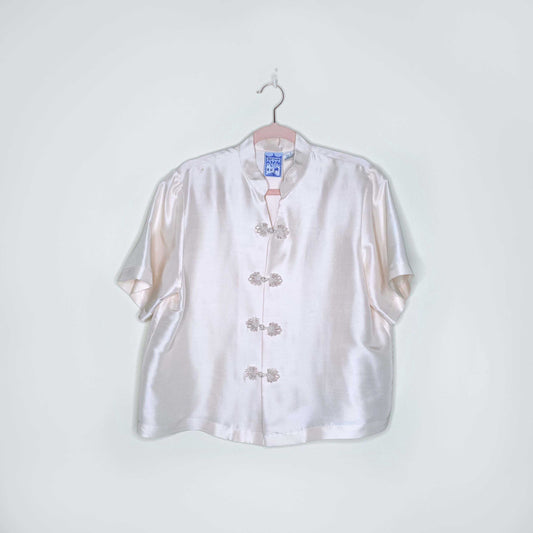 vintage april cornell cream oriental silk short sleeve blouse - size medium