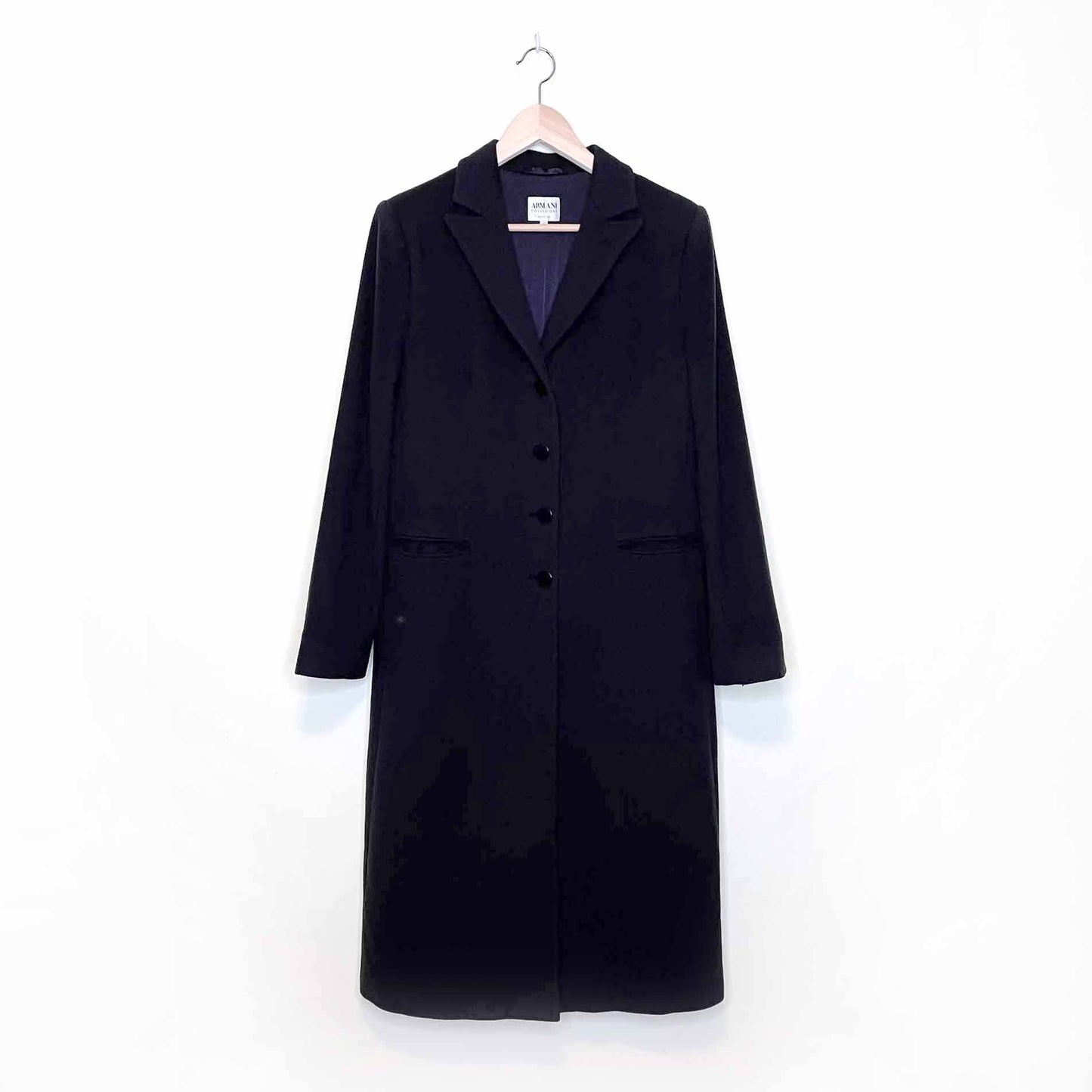 armani collezioni navy blue long wool overcoat - size 12