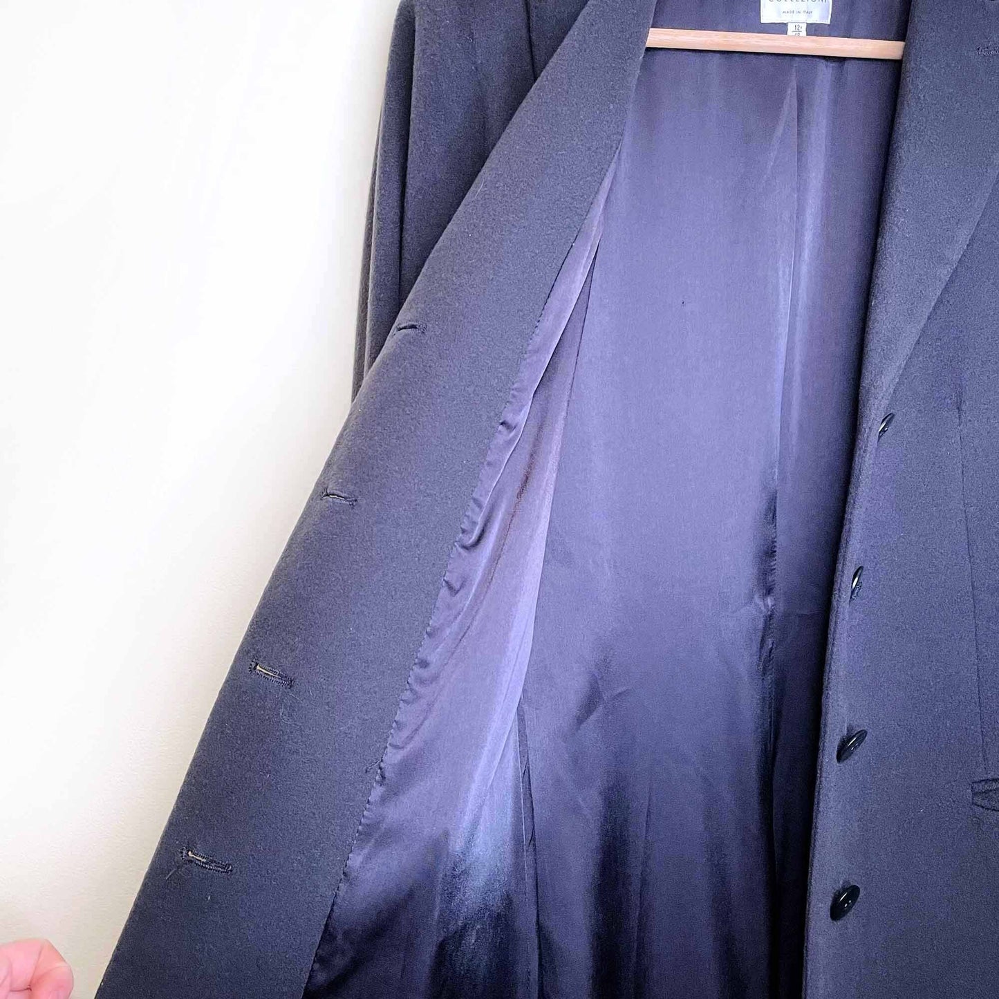 armani collezioni navy blue long wool overcoat - size 12