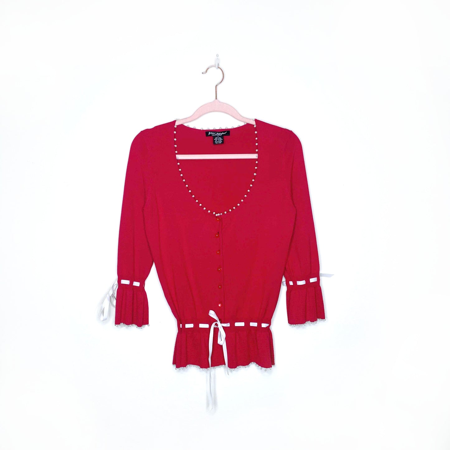 vintage betsey johnson red silk cardigan with pearl trim - size small