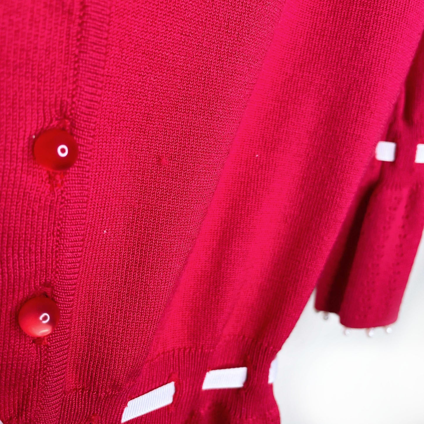 vintage betsey johnson red silk cardigan with pearl trim - size small