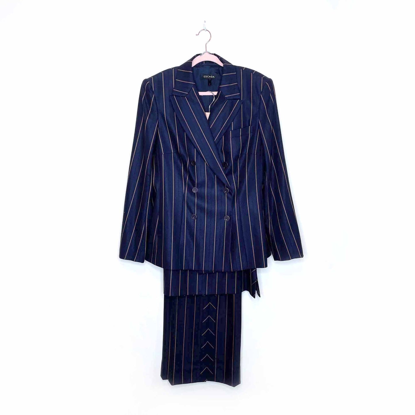 escada 3-piece wool-silk striped pant skirt suit set - size 40