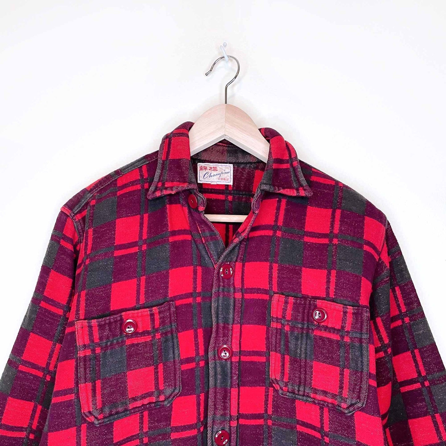 vintage 60's champion red buffalo plaid fleece shacket - size 15.5