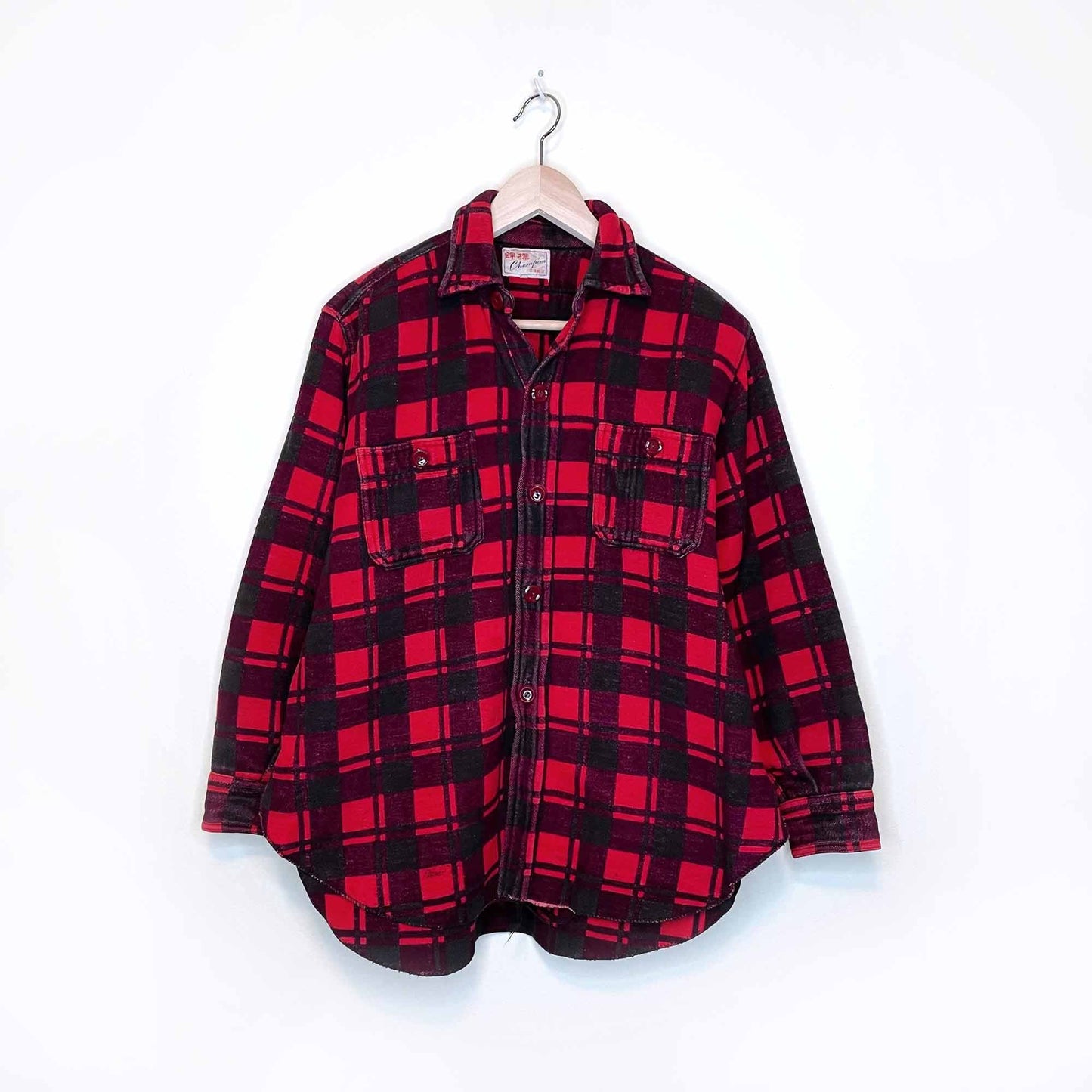 vintage 60's champion red buffalo plaid fleece shacket - size 15.5