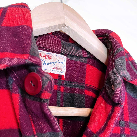 vintage 60's champion red buffalo plaid fleece shacket - size 15.5