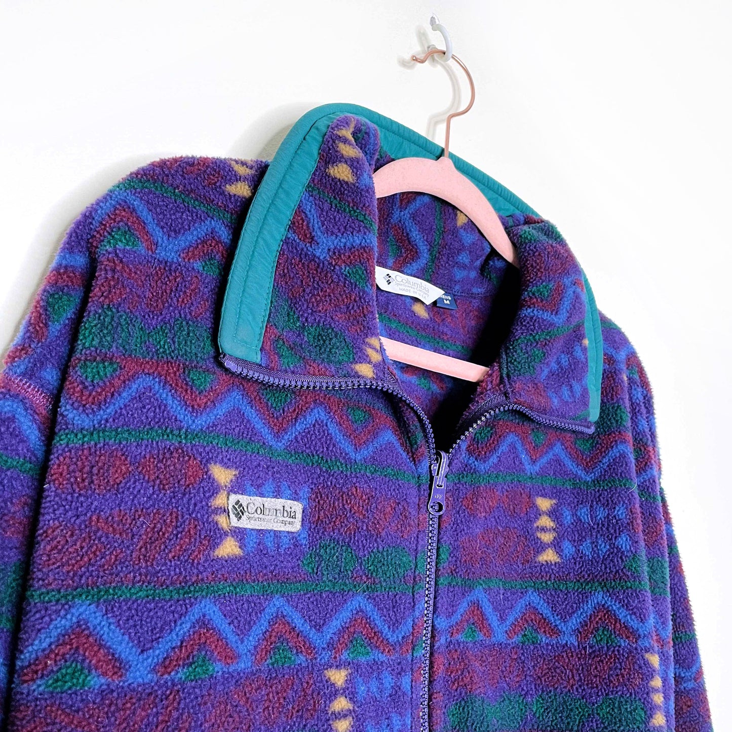 vintage 90s columbia aztec made in usa zip up fleece jacket - size medium