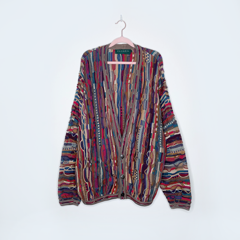 vintage tundra bachrach 3d knit multicolour cardigan sweater - size xl