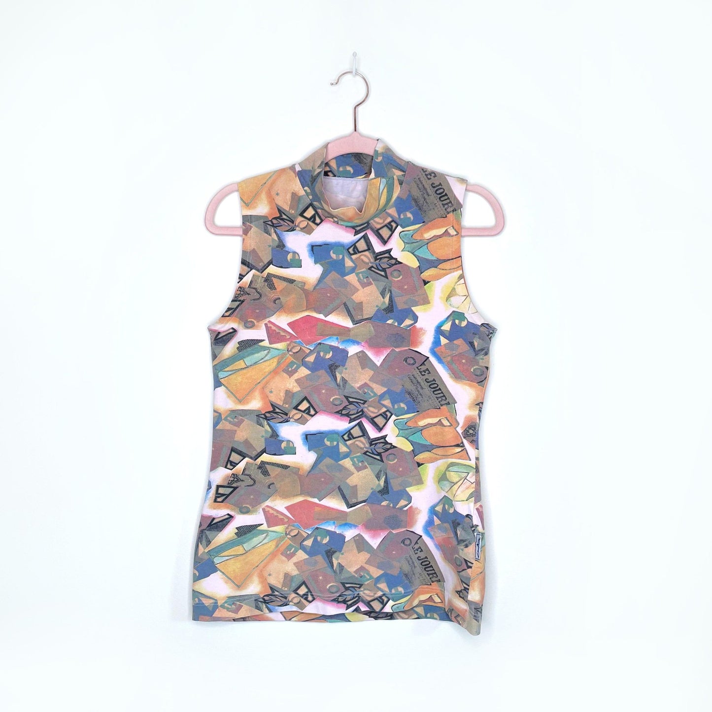 vintage criativa printed mock neck sleeveless top - size large