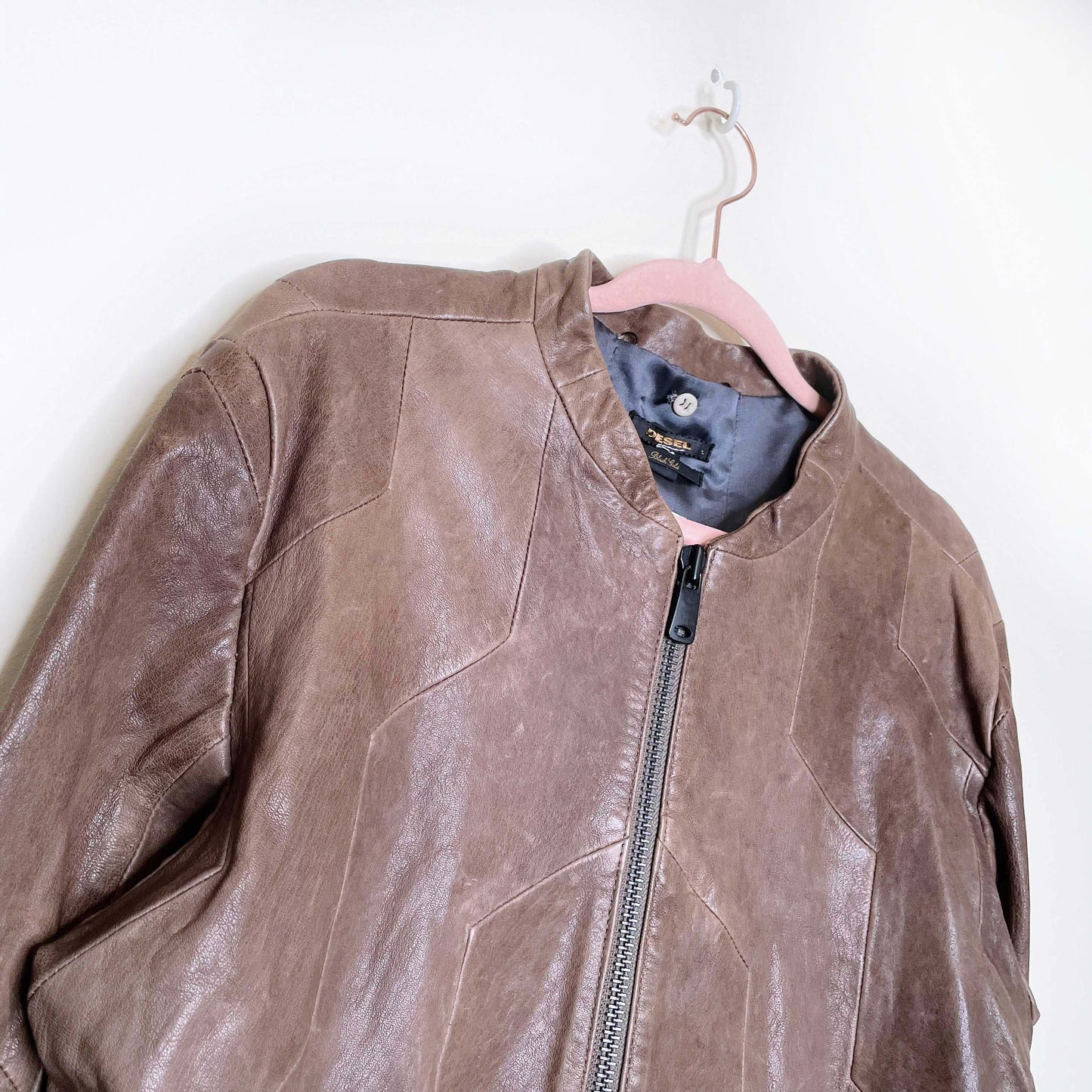 men's diesel black gold brown leather jacket - size large