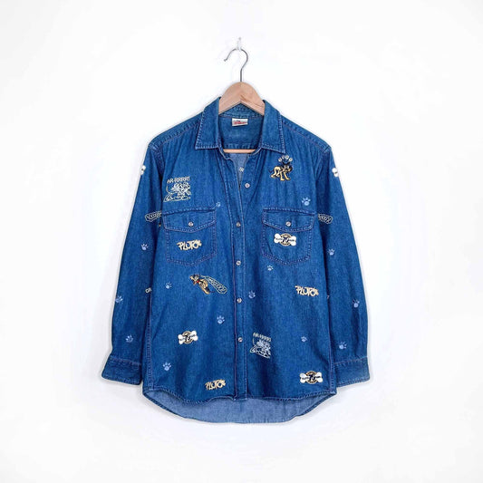 vintage disney store pluto embroidered button down denim shirt - size sm/med