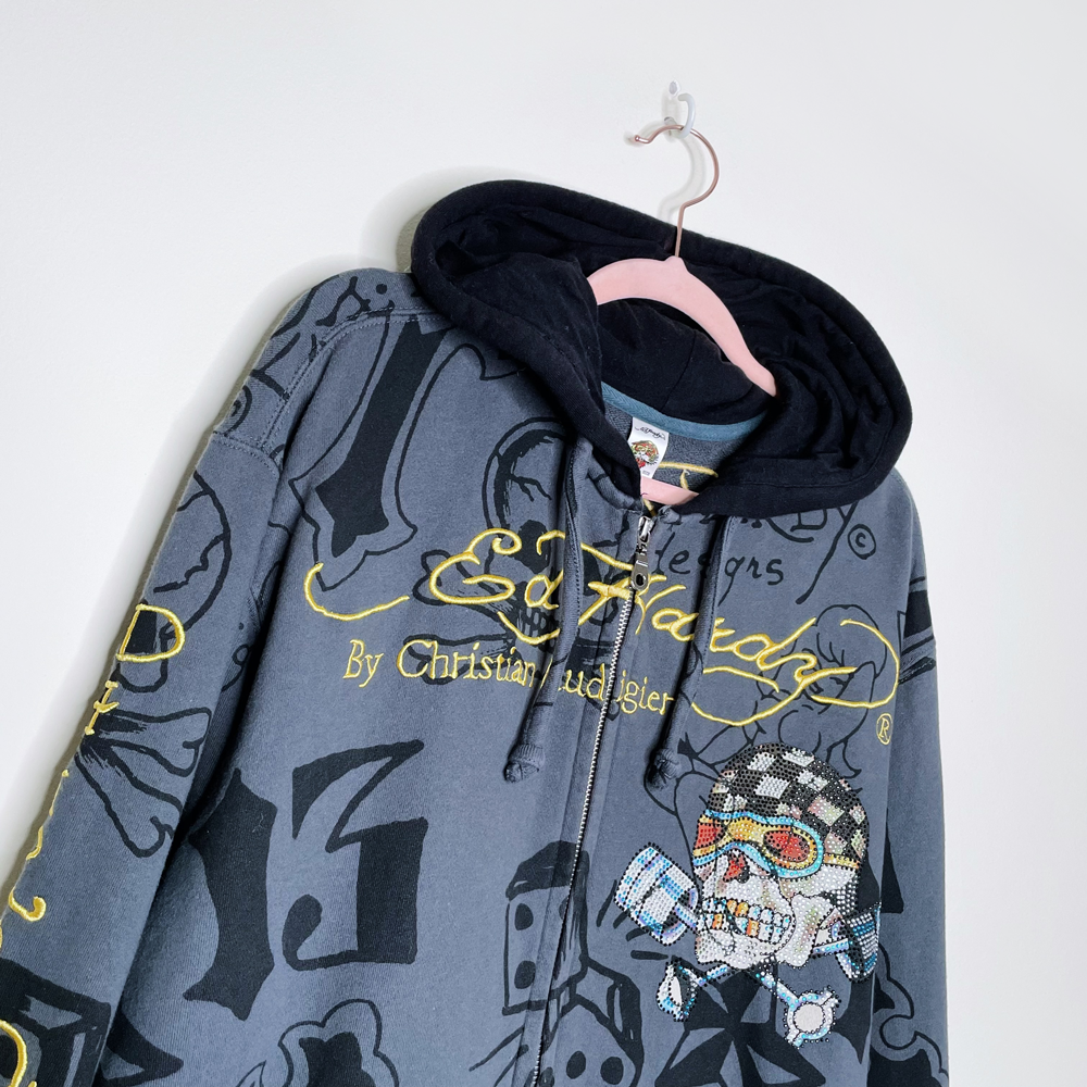 vintage ed hardy crystal skull zip hoodie - size xl