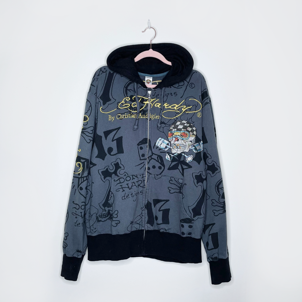 vintage ed hardy crystal skull zip hoodie - size xl