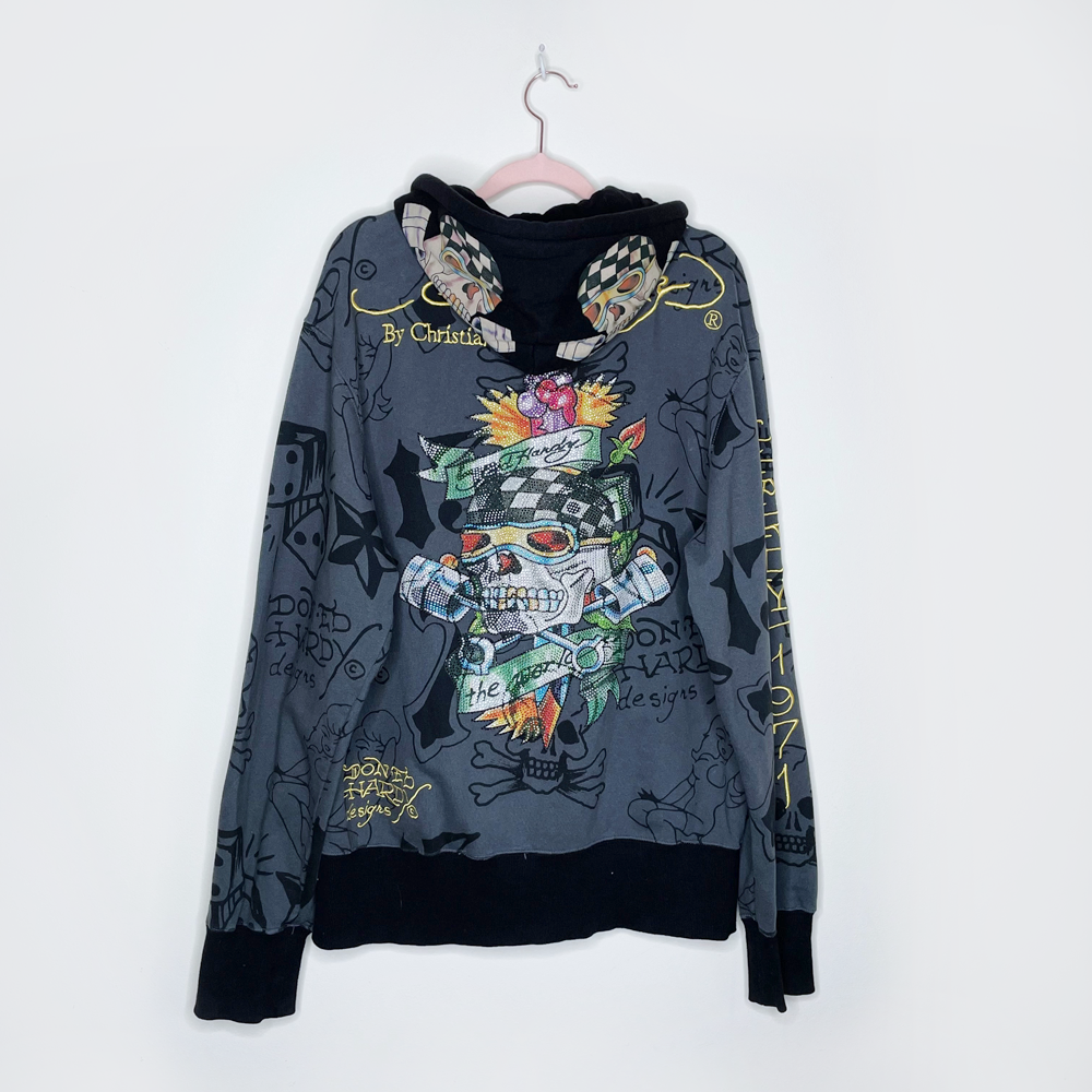 vintage ed hardy crystal skull zip hoodie - size xl