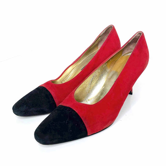 vintage escada red suede pumps with quilted black toe - size 8