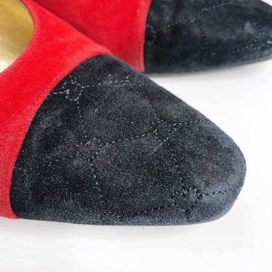 vintage escada red suede pumps with quilted black toe - size 8