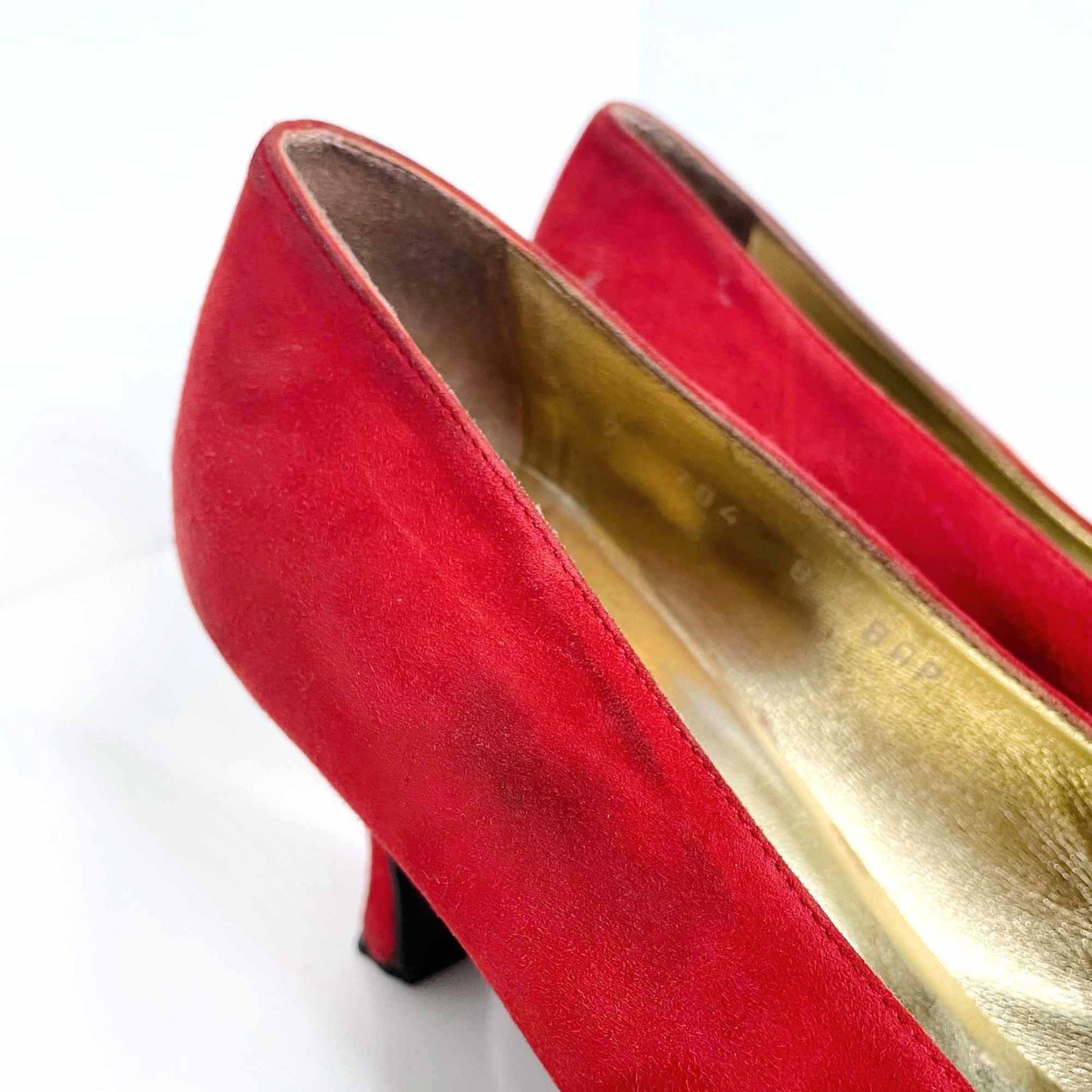 vintage escada red suede pumps with quilted black toe - size 8