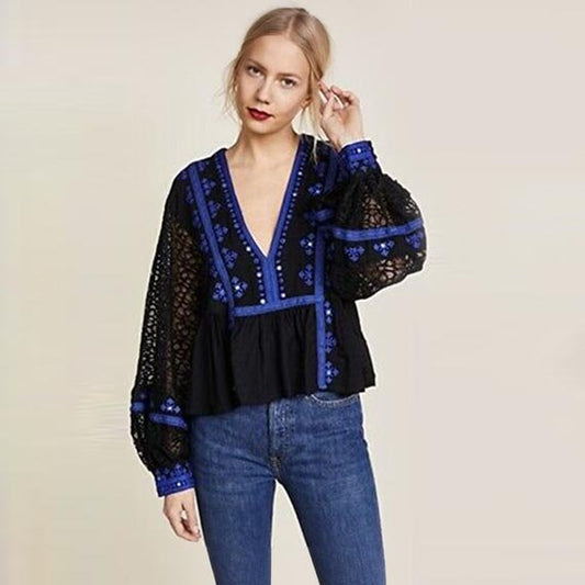 free people boogie all night boho embroidered lace balloon sleeve top - size small