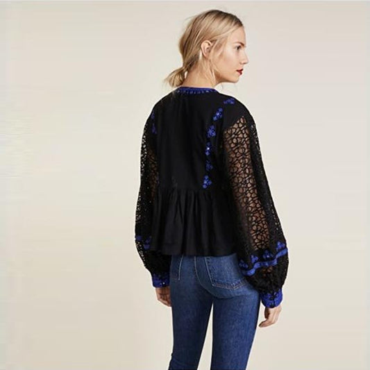 free people boogie all night boho embroidered lace balloon sleeve top - size small