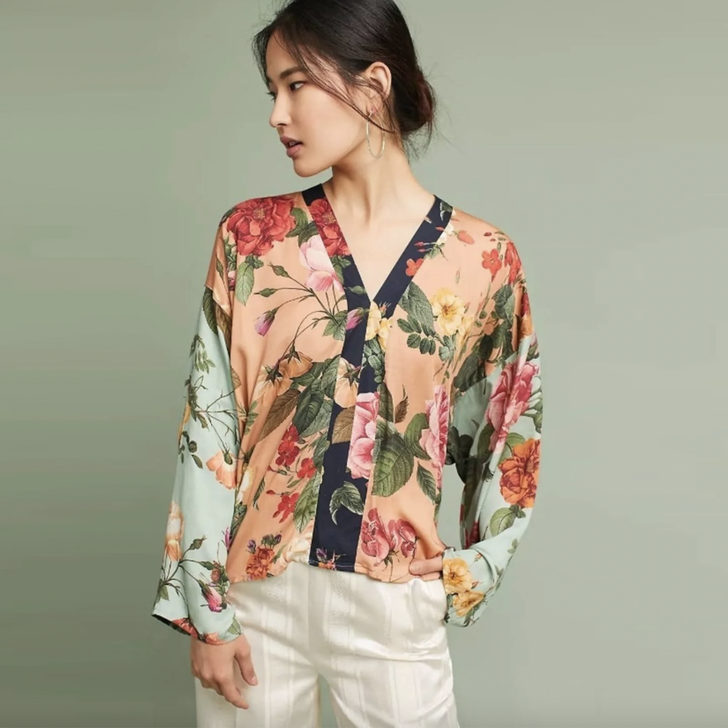 nwt farm rio floral motif colour block kimono blouse - size large