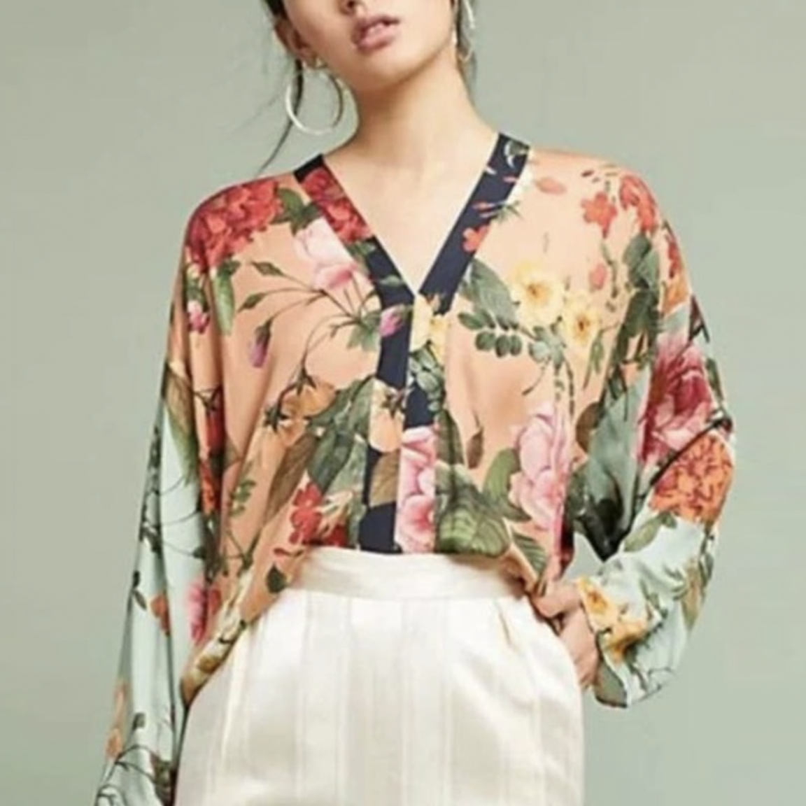 nwt farm rio floral motif colour block kimono blouse - size large