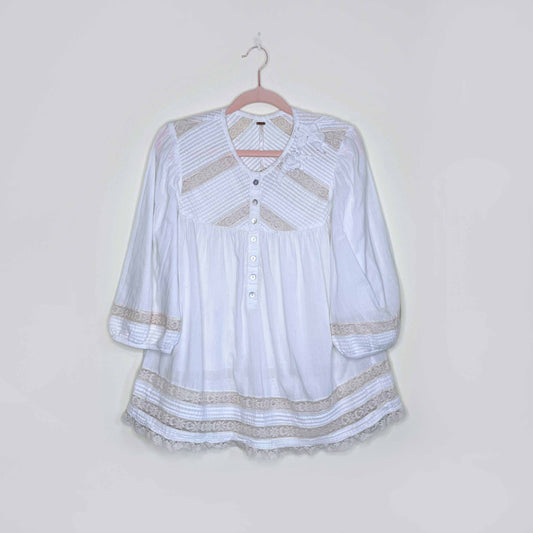 free people white boho peasant blouse with lace - size small