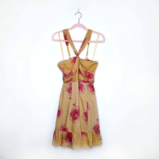 free people boho festival yellow floral halter silk dress - size 6