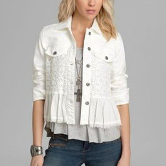 free people white denim and lace jacket with peplum hem - size 10