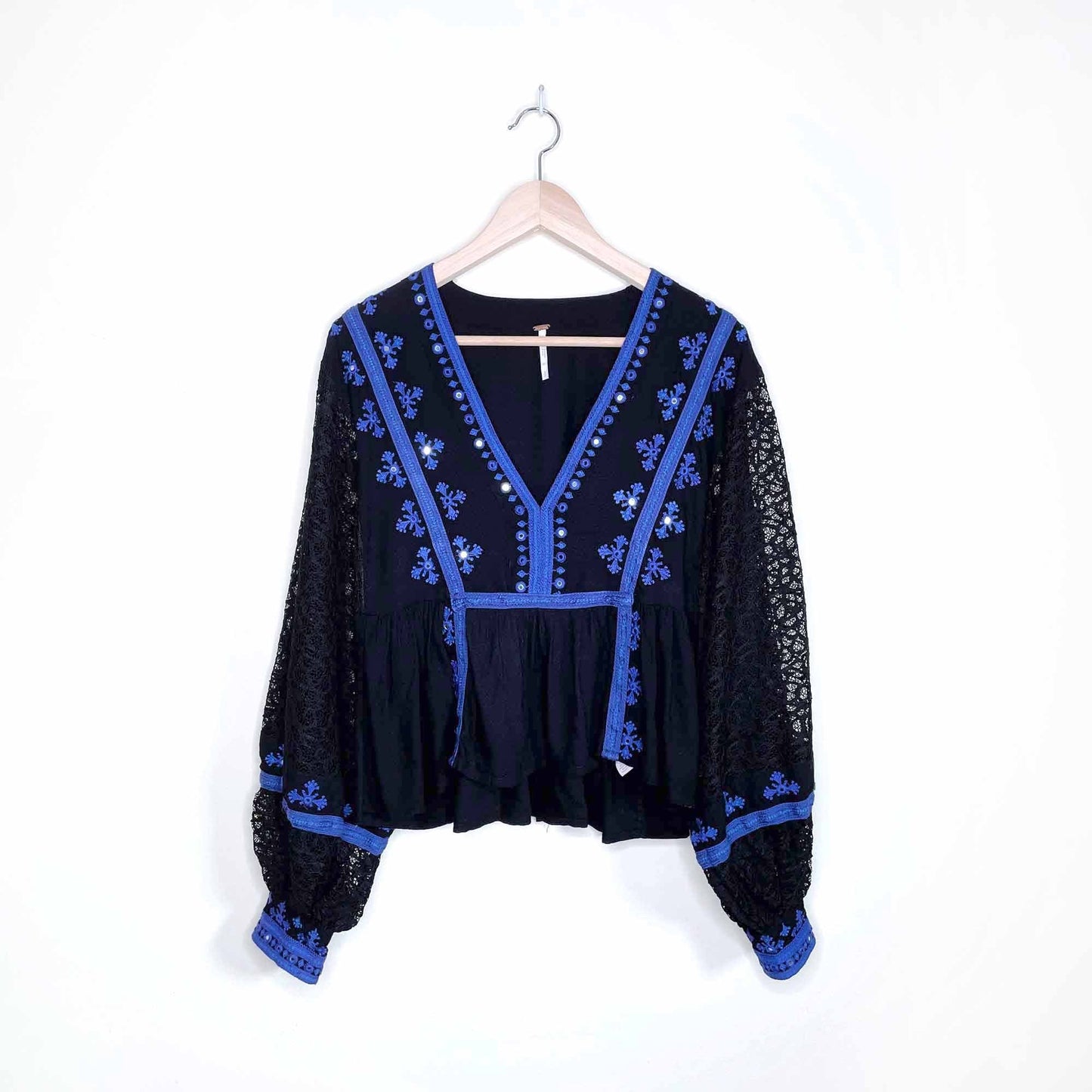 free people boogie all night boho embroidered lace balloon sleeve top - size small