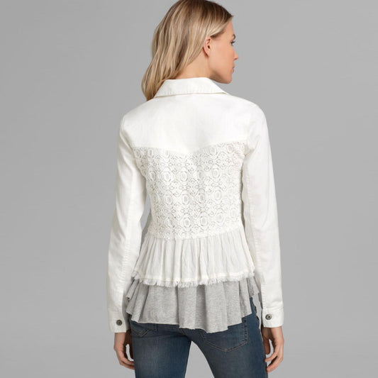 free people white denim and lace jacket with peplum hem - size 10