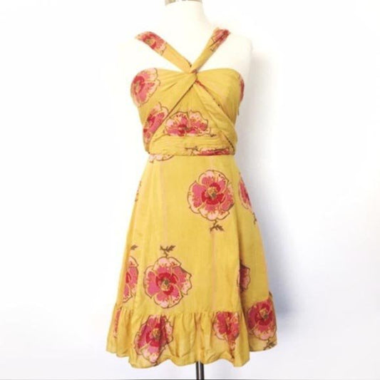 free people boho festival yellow floral halter silk dress - size 6