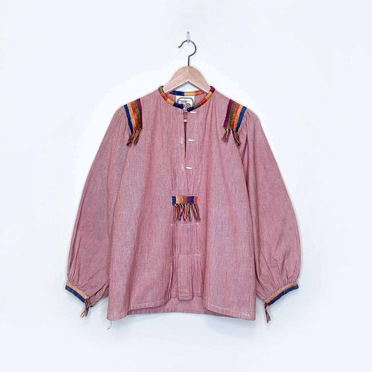 vintage 70's gonzalo bauer hand woven boho tassel shirt with balloon sleeves - size small